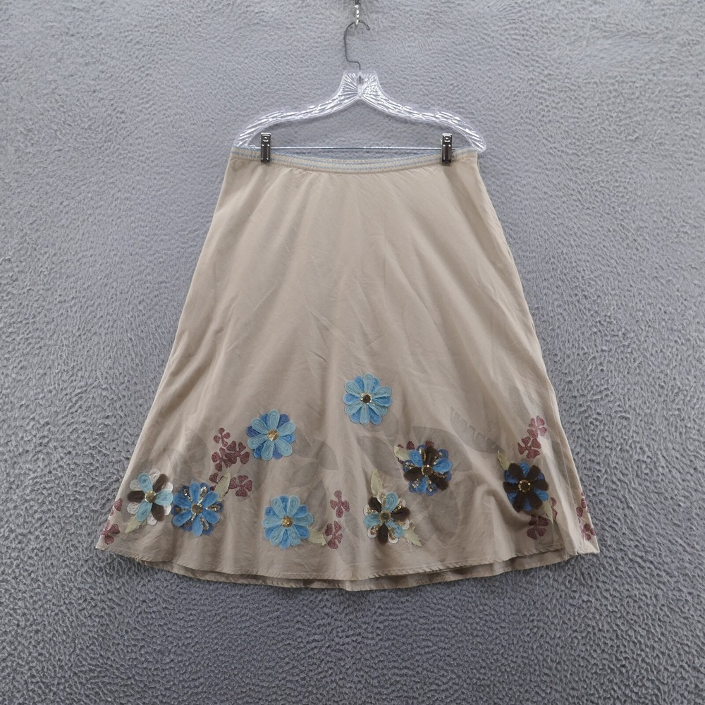 J Jill Womens Beige Cotton Floral Applique Sequin A Line Skirt Size Medium